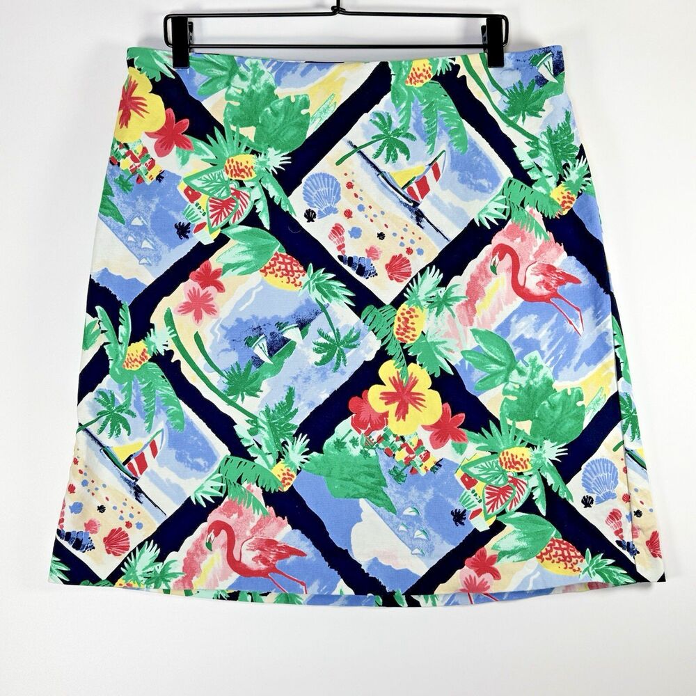 Talbots Skirt 16W Blue Tropical Print Cotton Stretch Summer Casual A Line Preppy
